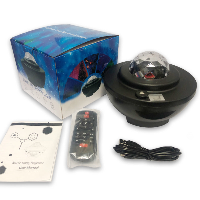 Music starry projector with packaging, remote control, user manual, and USB cable 