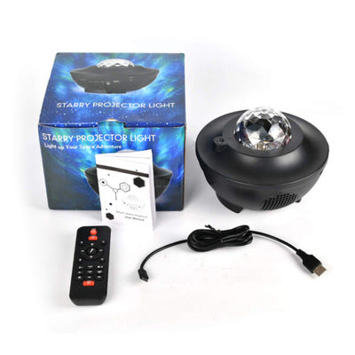 Starry projector light with packaging, remote control, and cable 